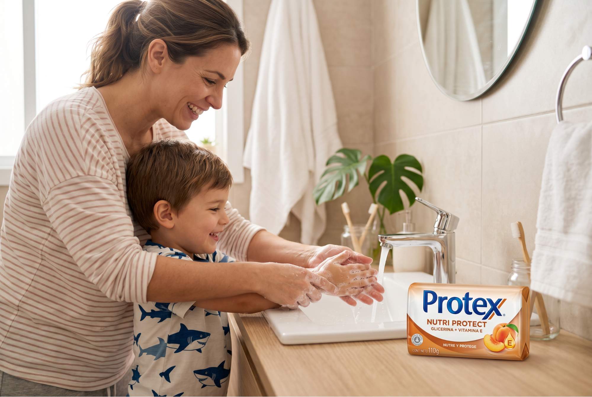 Jabón Protex Nutri Protect Glicerina + Vitamina E en su empaque dentro de una rutina familiar de higiene diaria en un baño luminoso.